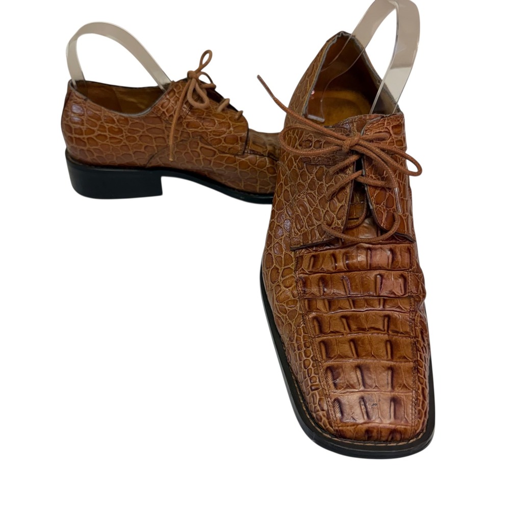 Moretti Collezione Italia Mens 9.5 Brown Crocodile Embossed Leather Shoes A1788